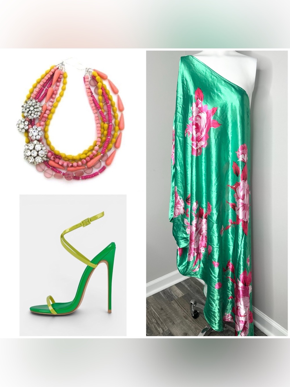 FLAXMAKER Green Satin Floral One-Shoulder Dress with Pink PRINT FREE SIZE